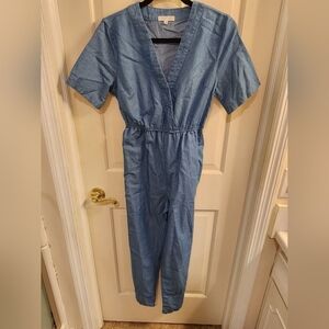 EMORY PARK chambray Jean like Short Sleeve Pant Romper medium